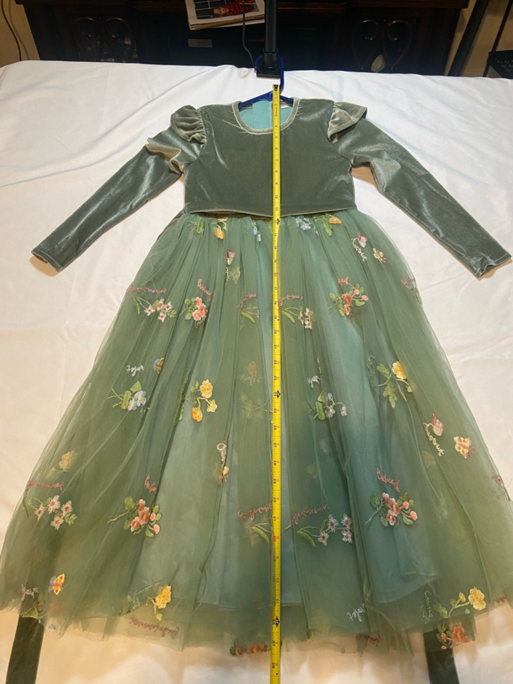 Girls Green Velvet & Floral Tulle Dress
